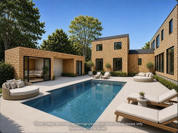 Westhampton Compound with modern shingle-clad residences surrounding a swimming pool